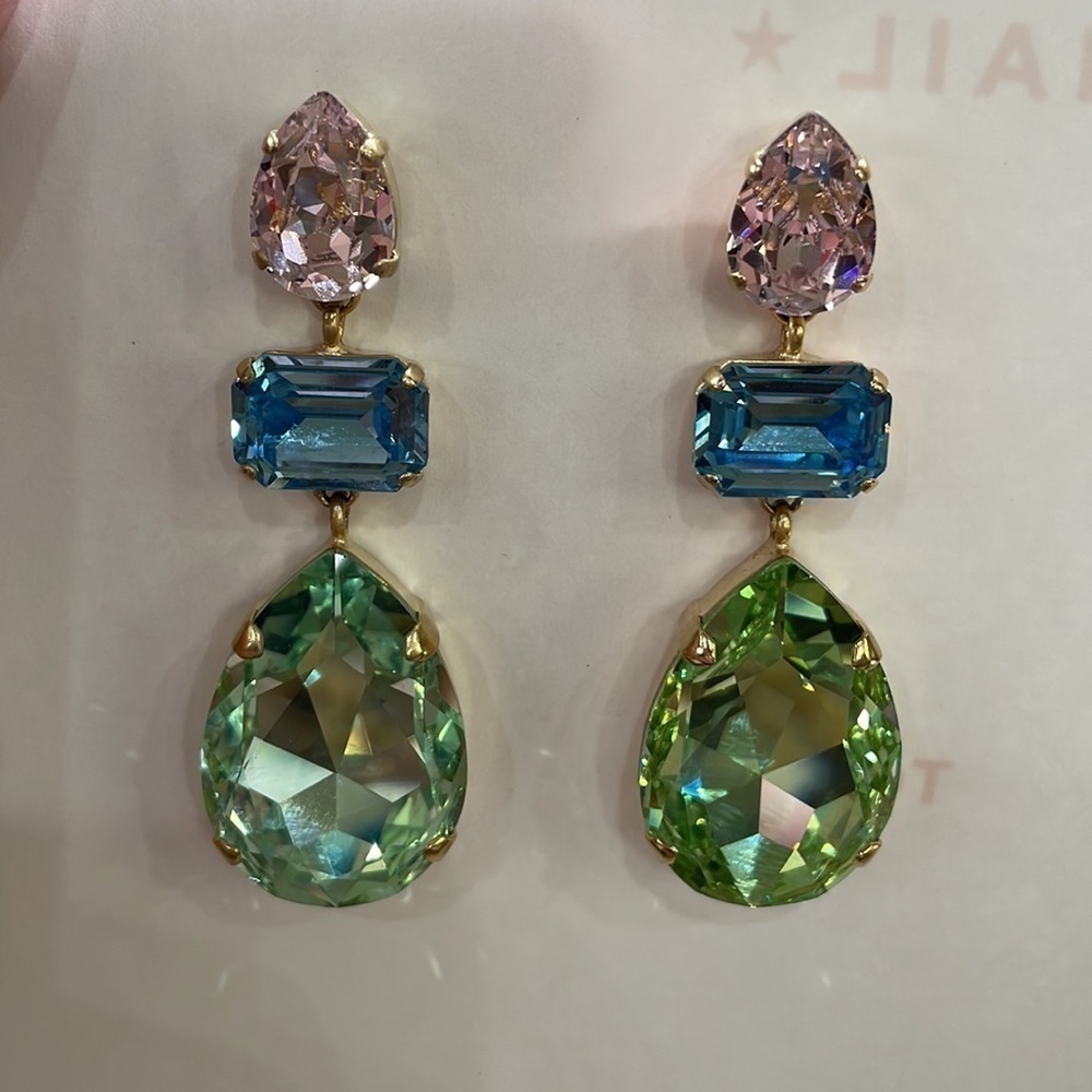 Janis Savitt Peridot, Aqua & Rose Crystal Earrings—Gorgeous!! 24K Gold Plate—EUC